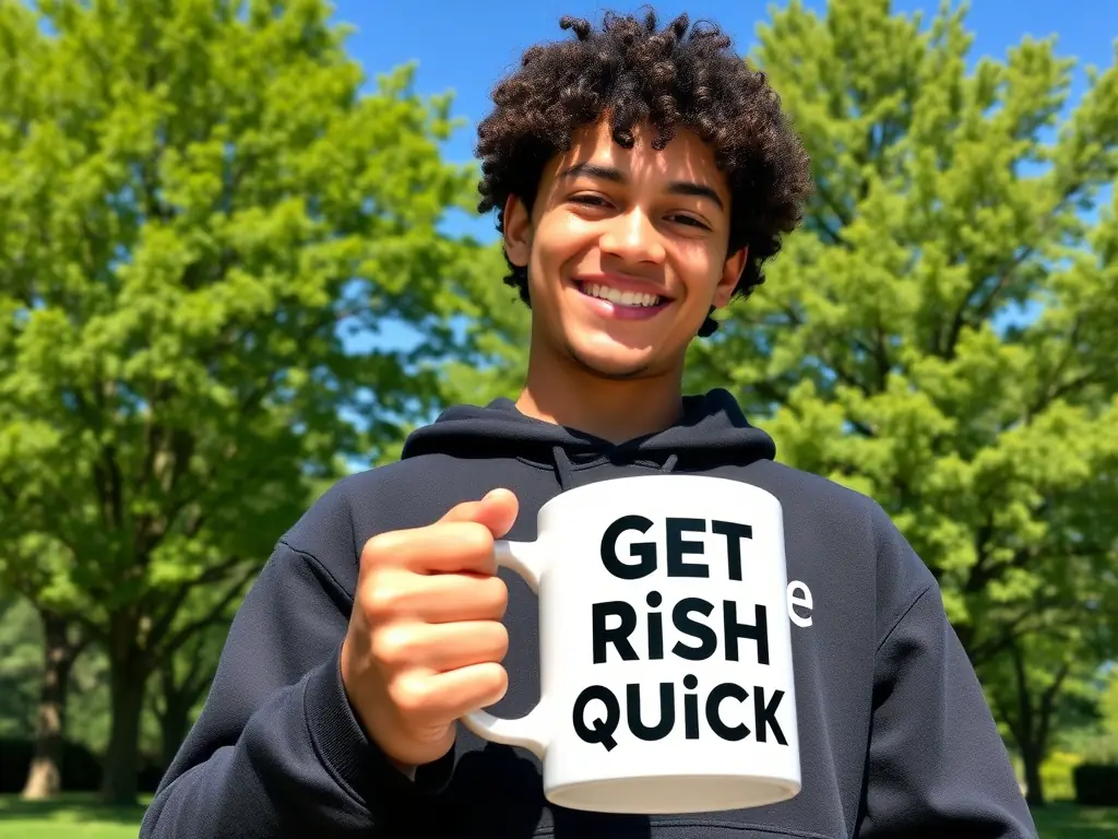 A person wearing a Rêve Fugitif Logo Hoodie, smiling and holding a Get Rich Quick Mug, showcasing the benefits of membership in a lifestyle setting.