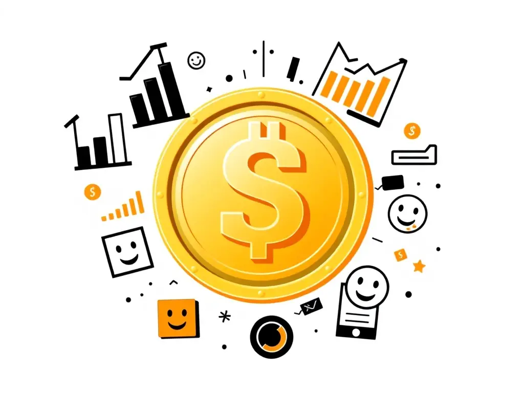 A digital PDF cover featuring a shiny gold coin with a dollar sign, surrounded by playful, exaggerated charts and humorous icons, all in a modern flat design style with black, white, and orange accents, representing the exclusive PDF downloads available to members.