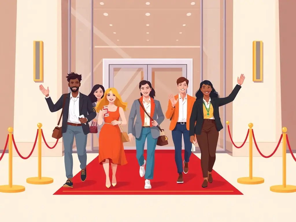 A group of people excitedly entering a building with a red carpet, representing the early access to events that members receive.