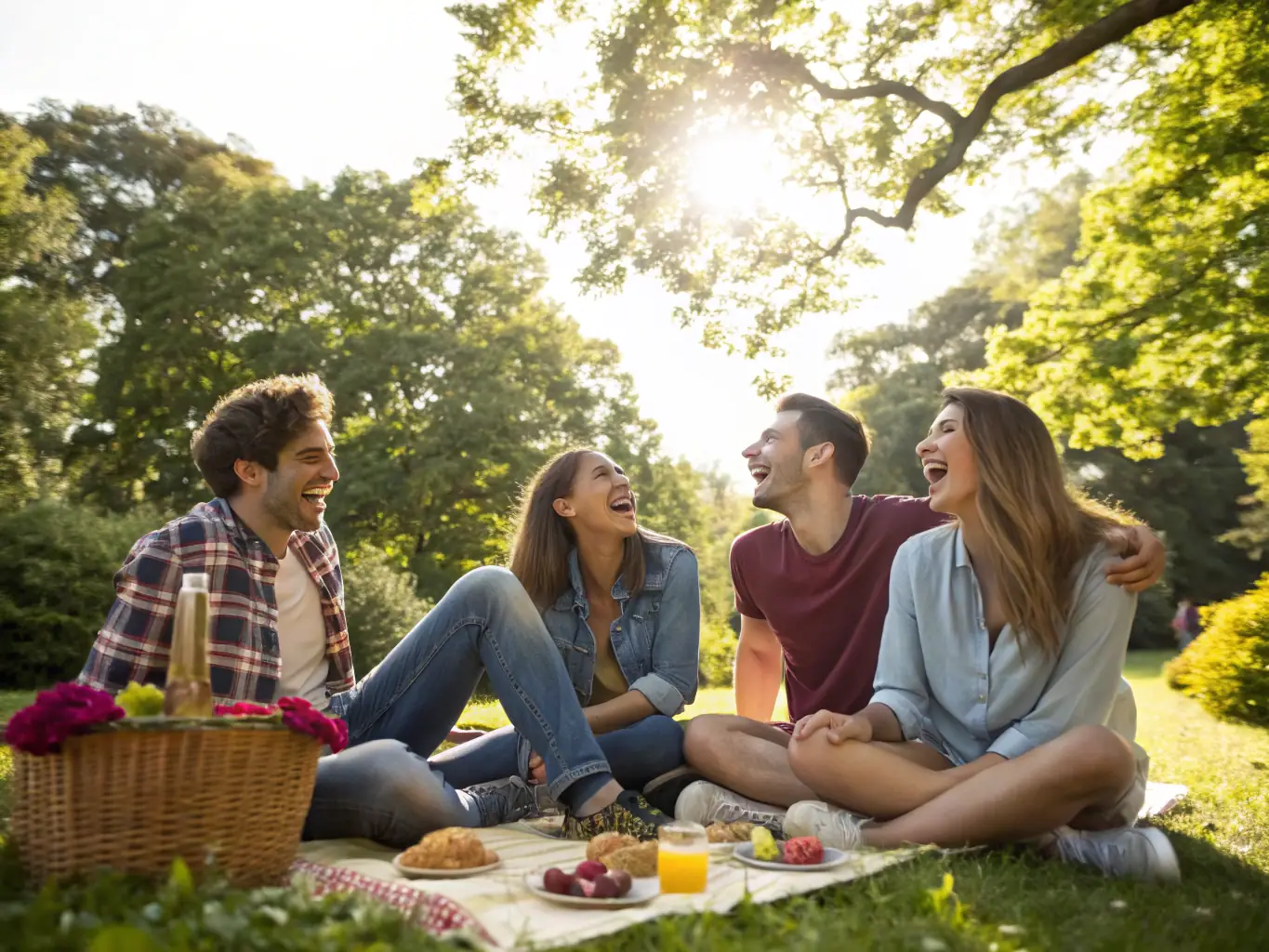 A group of people attending a Rêve Fugitif event, laughing and enjoying the company of fellow members, emphasizing the community aspect of the membership.